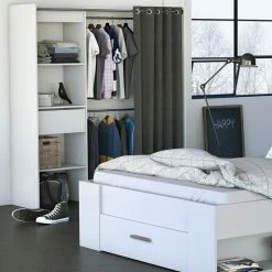 Demeyere Dressing Extensible Blanc Perle Avec Rideau Taupe -Demeyers Magasin armoire placard extensible avec rideau blanc perle 2