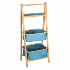 Colonne Pliante 2 Paniers Bleus Et 1 Plateau En Bambou