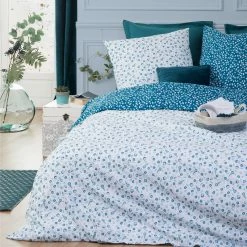Parure De Lit Fleurs Blanc/bleu 240x220 Atmosphera